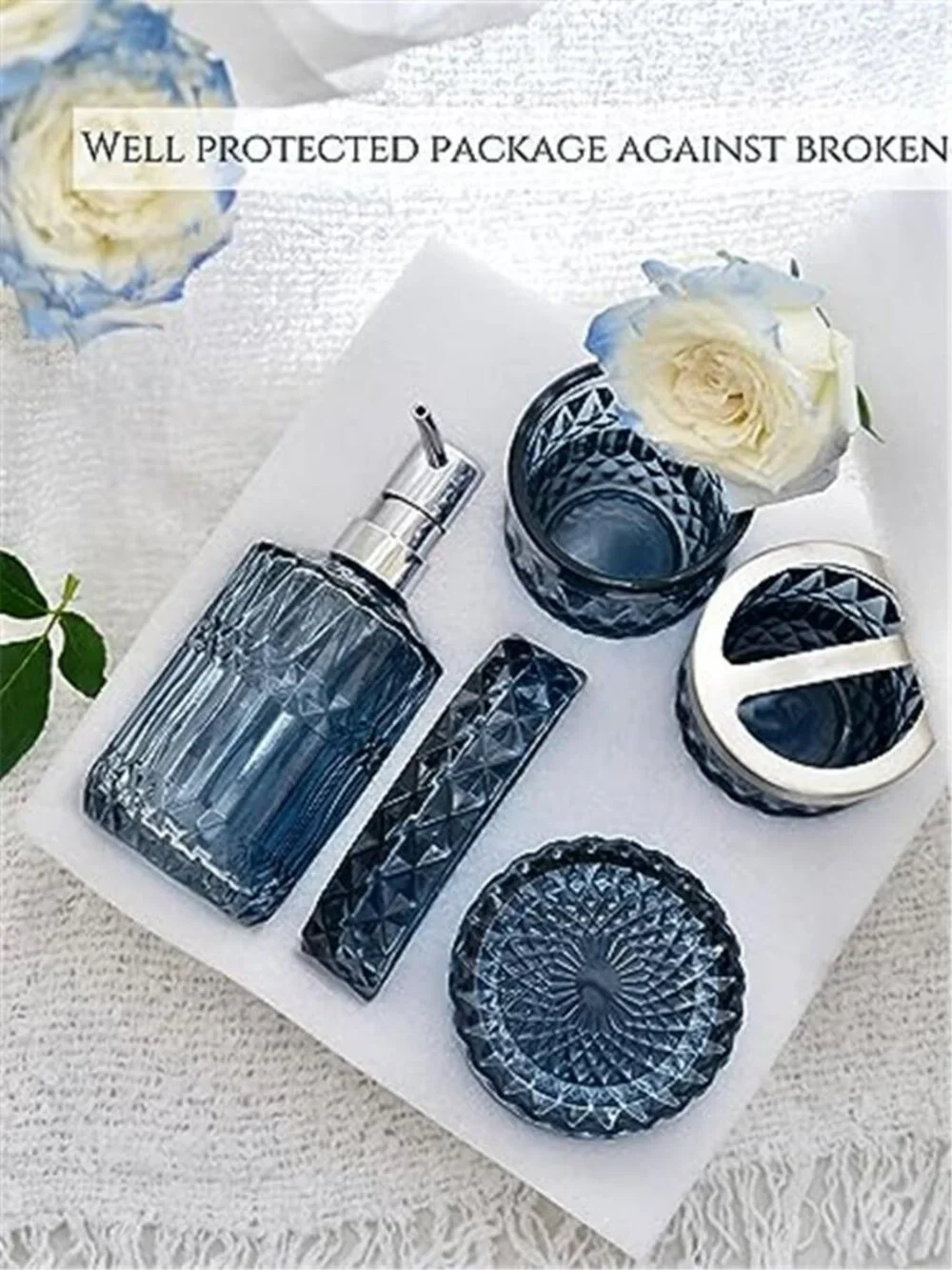 Blue Bathroom Accessories Set, 5Pcs Clear Glass Bathroom Accessories, Hand Soap